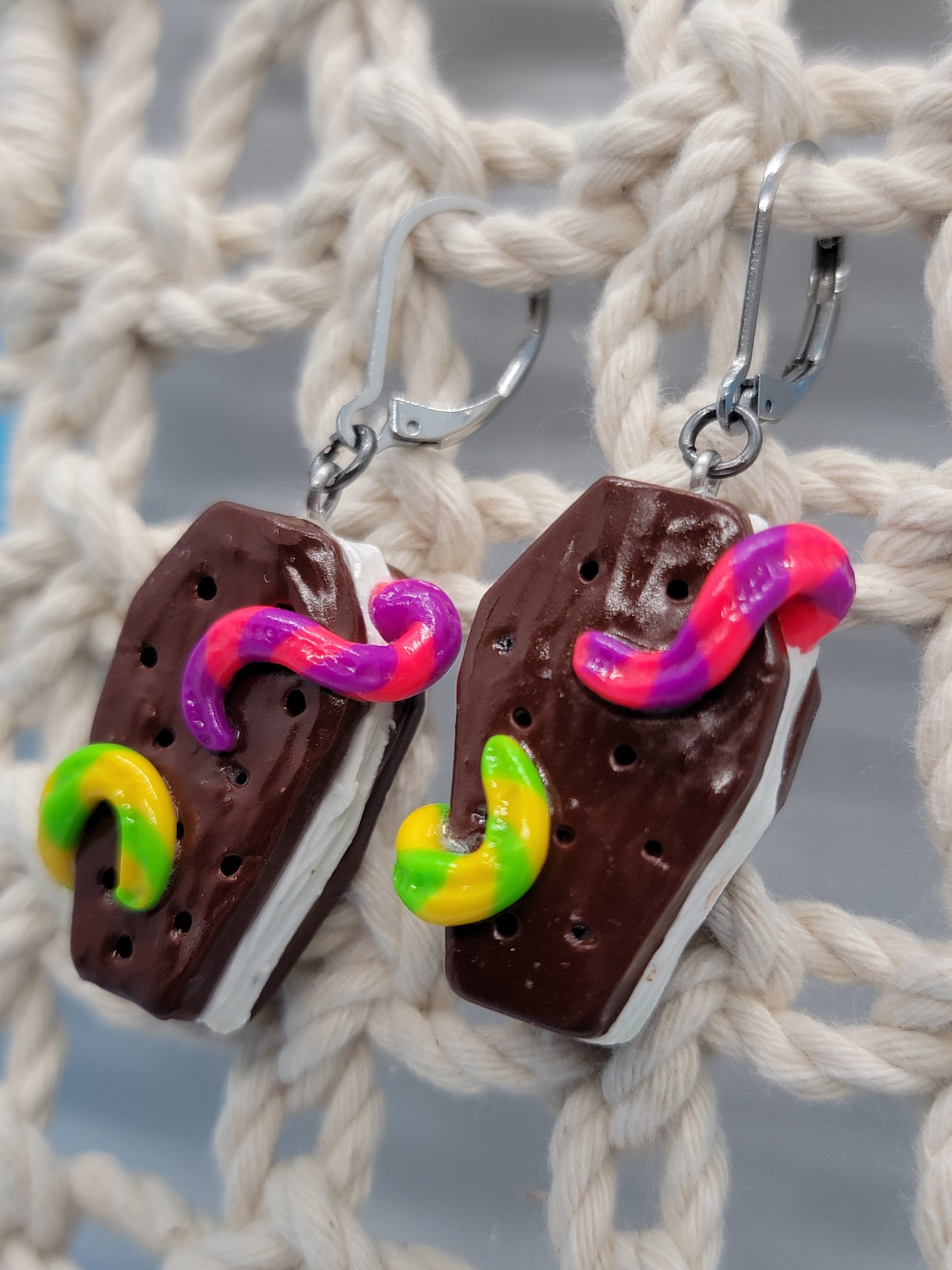 Worm ice cream coffin sandwich earrings